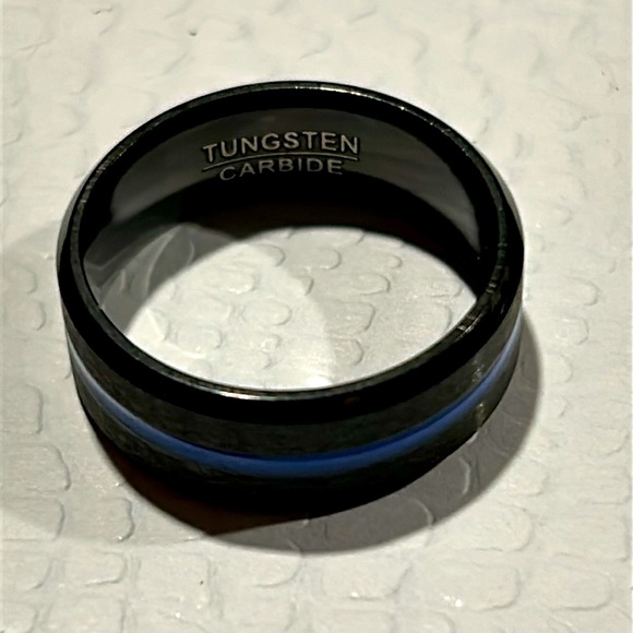 Tungsten Carbide Black Blue Center Groove Beveled Edge Ring - Picture 7 of 10
